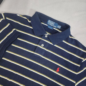 Ralph Lauren Polo Blue and Yellow striped Short Sleeve Pull Over Men's Sz XL